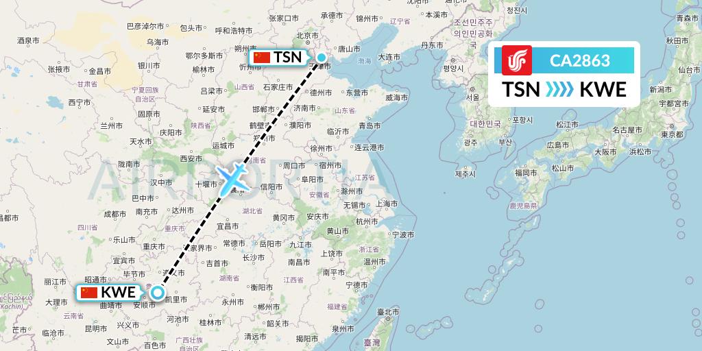 CA2863 Air China Flight Map: Tianjin to Guiyang