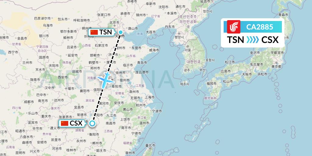 CA2885 Air China Flight Map: Tianjin to Changsha