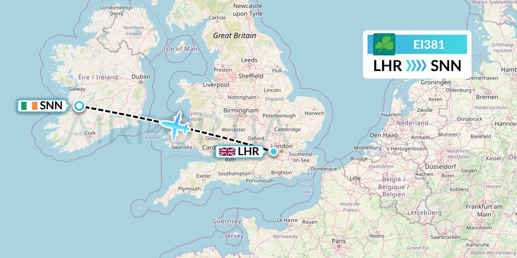 EI381 Aer Lingus Flight Map: London to Shannon