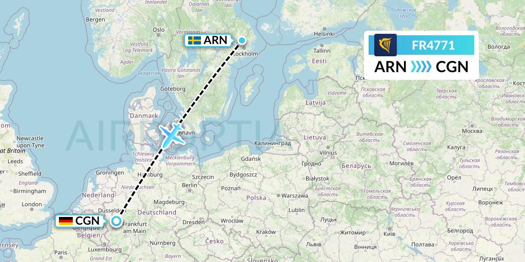 FR4771 Ryanair Flight Map: Stockholm to Cologne