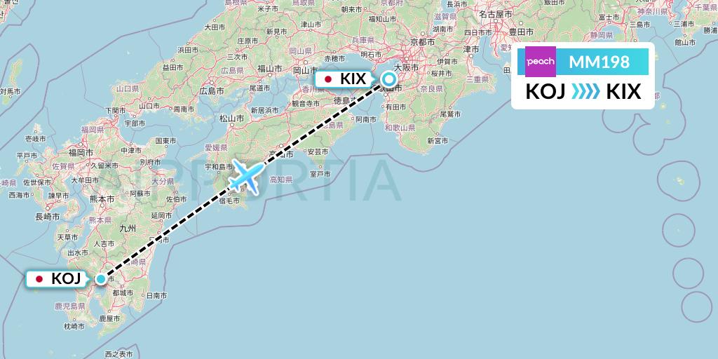 MM198 Peach Aviation Flight Map: Kagoshima to Osaka