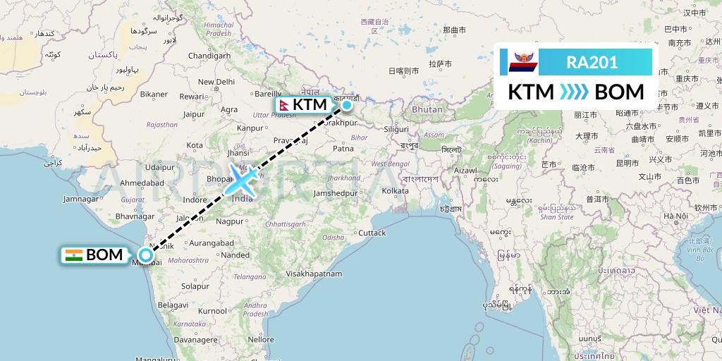 RA201 Royal Nepal Airlines Flight Map: Kathmandu to Mumbai