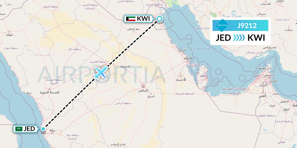 J9212 Jazeera Airways Flight Map: Jeddah to Kuwait City