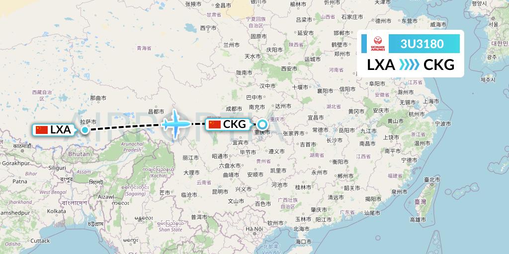 3U3180 Sichuan Airlines Flight Map: Lhasa to Chongqing