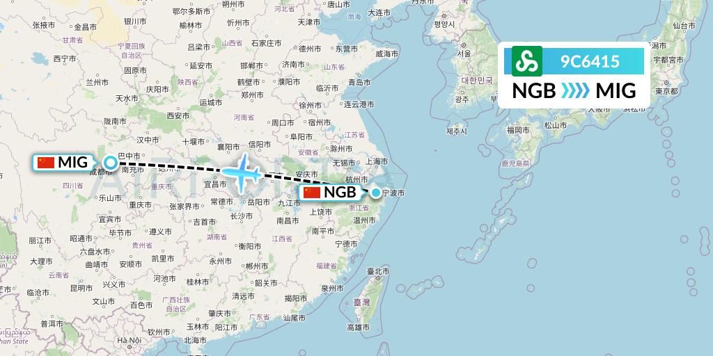 9C6415 Spring Airlines Flight Map: Ningbo to Mianyang