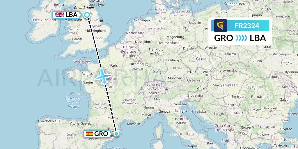 FR2324 Ryanair Flight Map: Girona to Leeds
