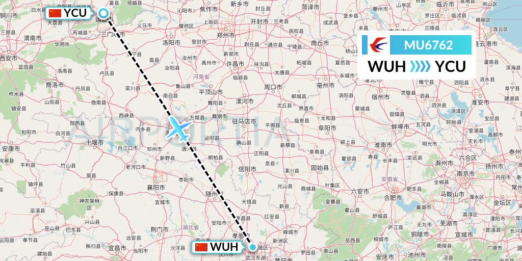 MU6762 China Eastern Airlines Flight Map: Wuhan to Yuncheng