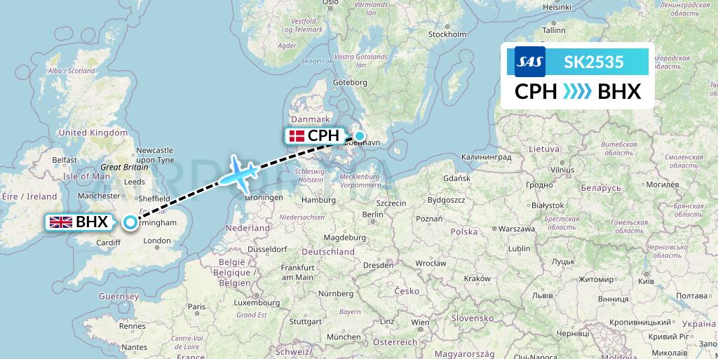 SK2535 SAS Flight Map: Copenhagen to Birmingham
