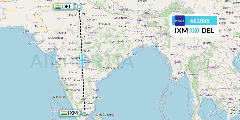 6E2088 IndiGo Airlines Flight Map: Madurai to Delhi