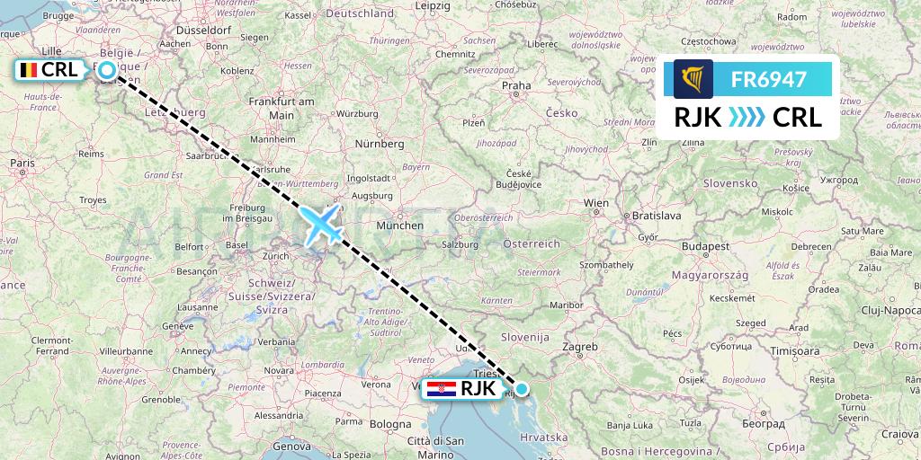 FR6947 Ryanair Flight Map: Rijeka to Brussels