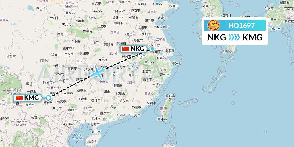 HO1697 Juneyao Airlines Flight Map: Nanjing to Kunming