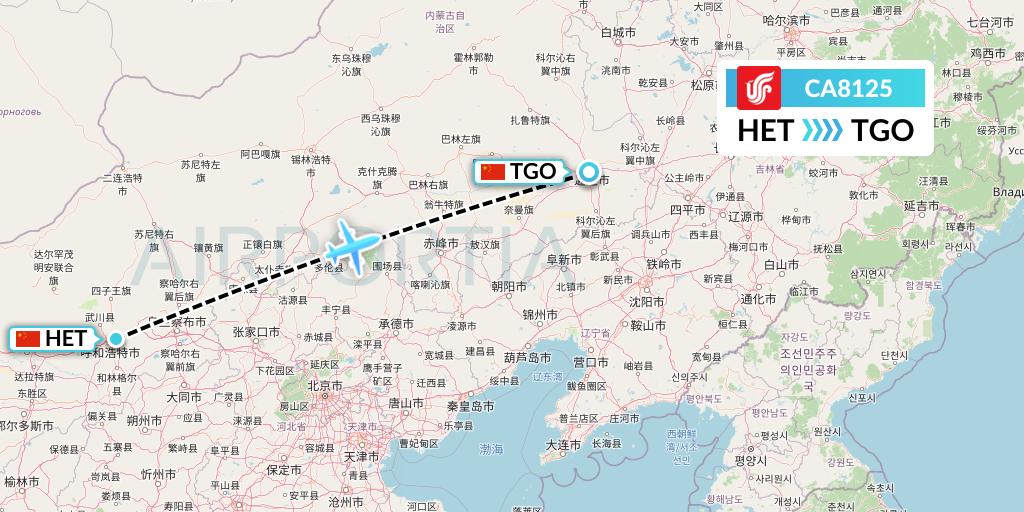 CA8125 Air China Flight Map: Hohhot to Tongliao