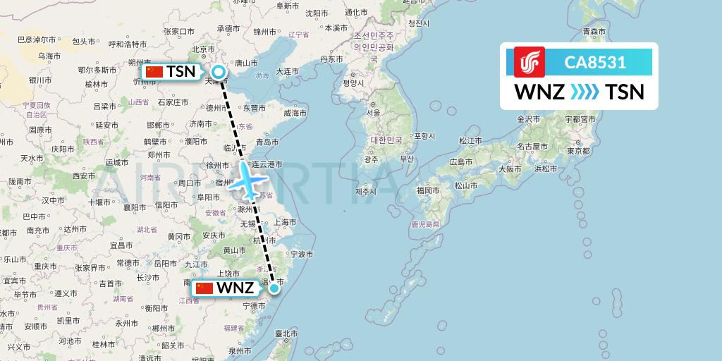 CA8531 Air China Flight Map: Wenzhou to Tianjin