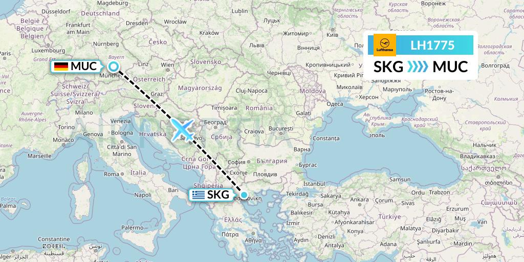 LH1775 Lufthansa Flight Map: Thessaloniki to Munich