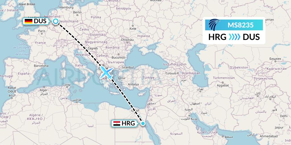 MS8235 EgyptAir Flight Map: Hurghada to Dusseldorf