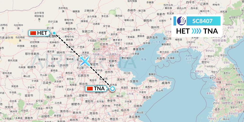SC8407 Shandong Airlines Flight Map: Hohhot to Jinan