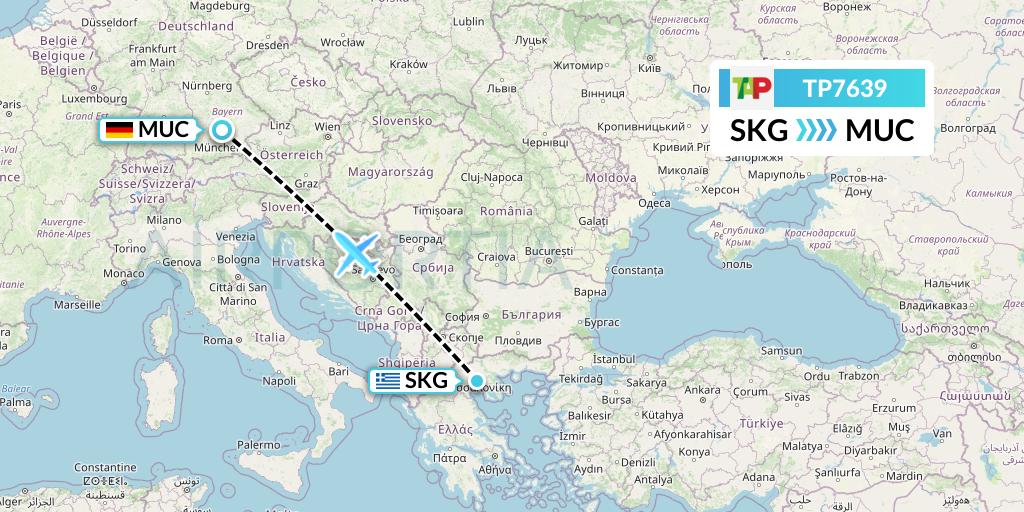 TP7639 TAP Portugal Flight Map: Thessaloniki to Munich