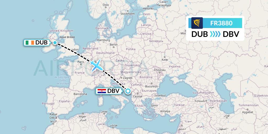 FR3880 Ryanair Flight Map: Dublin to Dubrovnik