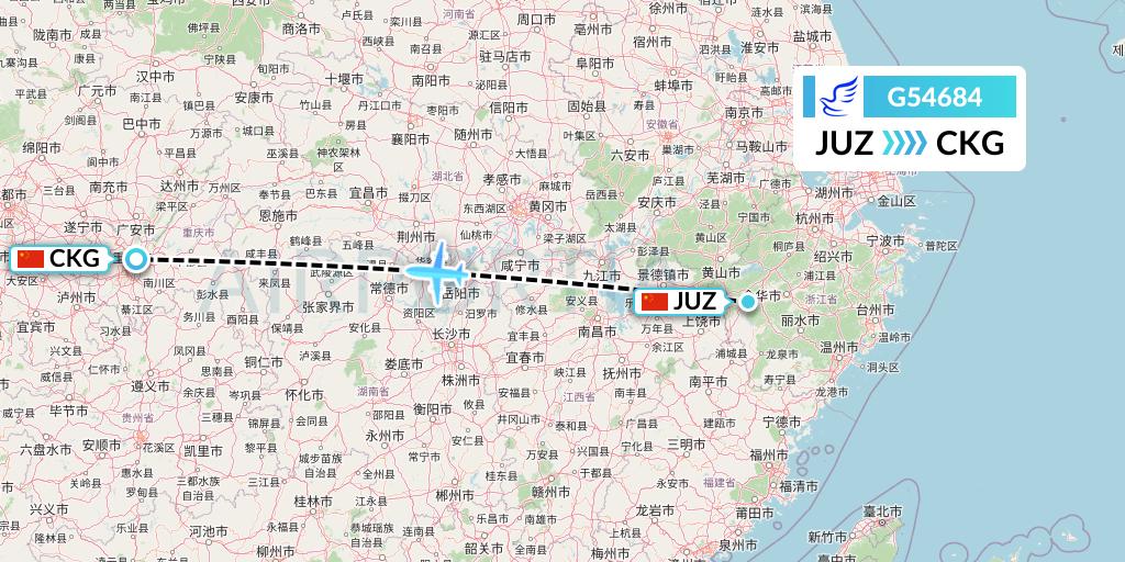G54684 China Express Airlines Flight Map: Quzhou to Chongqing