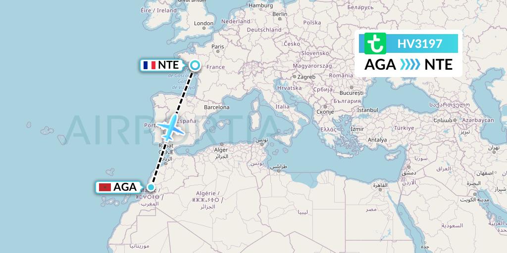 HV3197 Transavia Flight Map: Agadir to Nantes