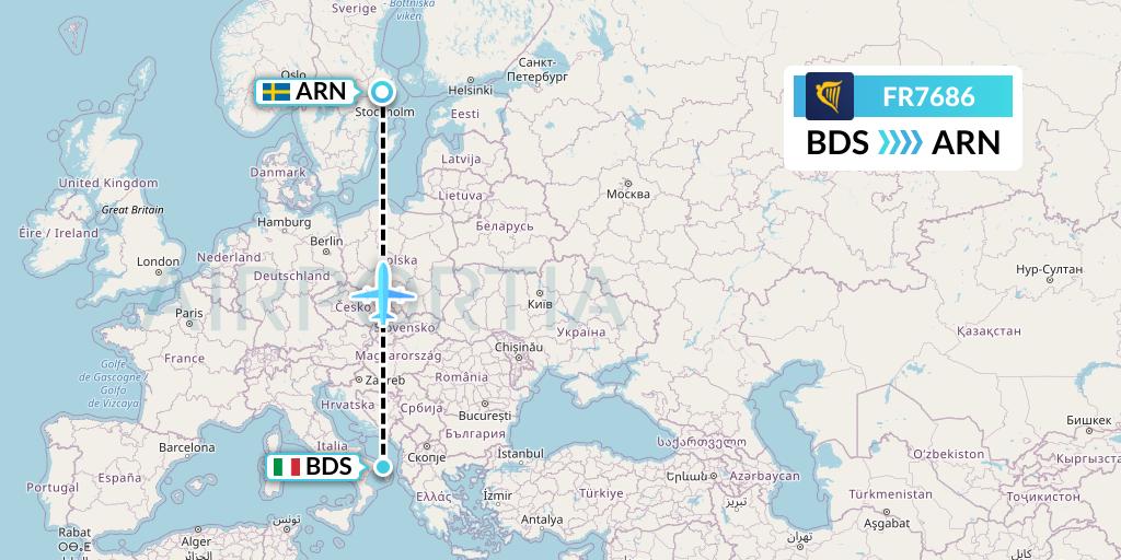 FR7686 Ryanair Flight Map: Brindisi to Stockholm