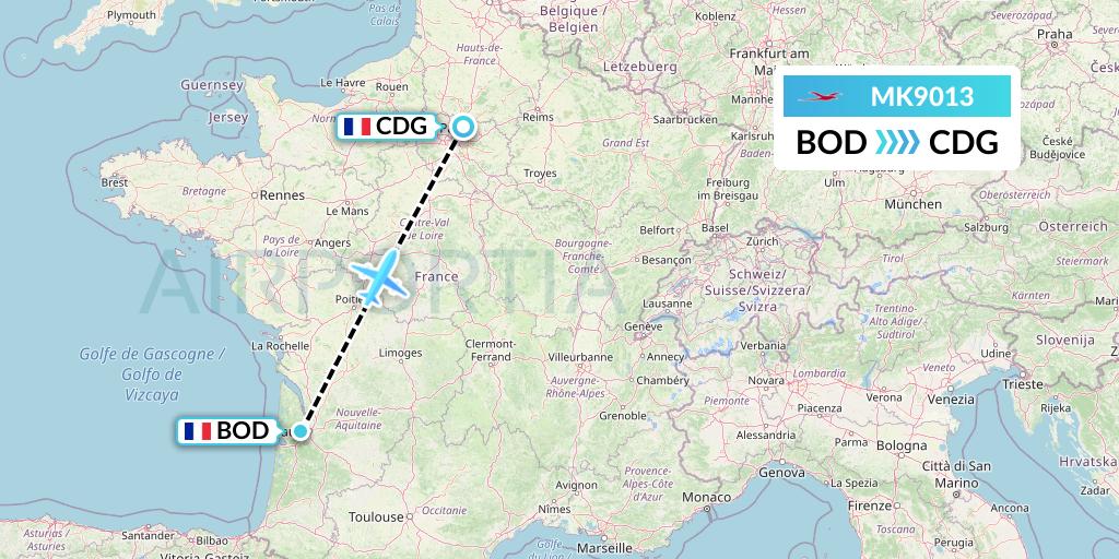 MK9013 Air Mauritius Flight Map: Bordeaux to Paris