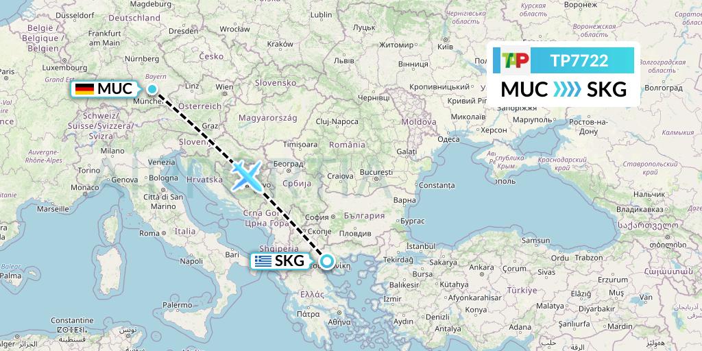 TP7722 TAP Portugal Flight Map: Munich to Thessaloniki