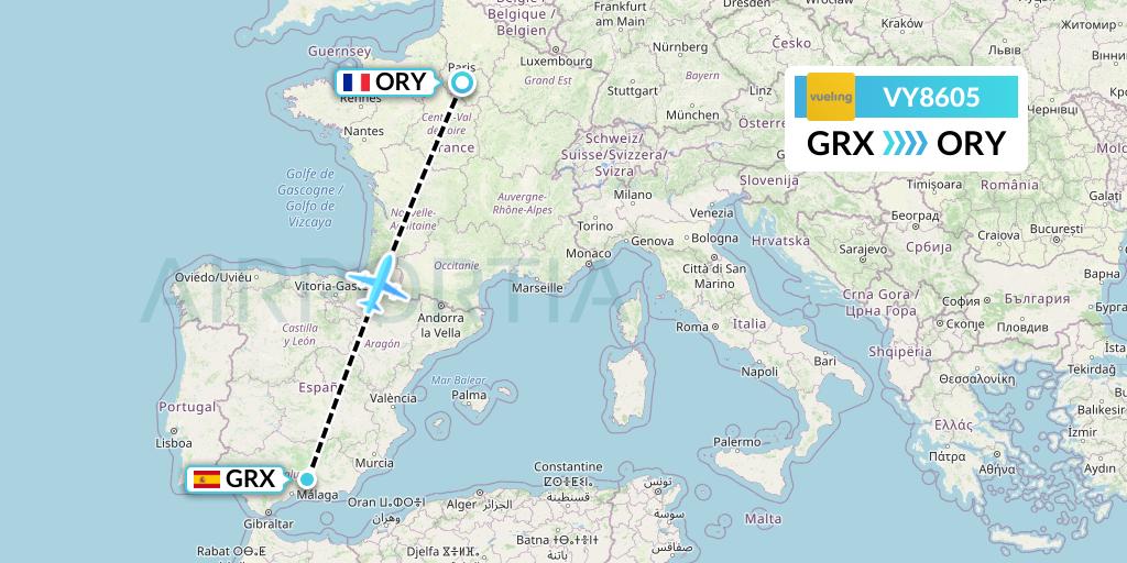 VY8605 Vueling Flight Map: Granada to Paris