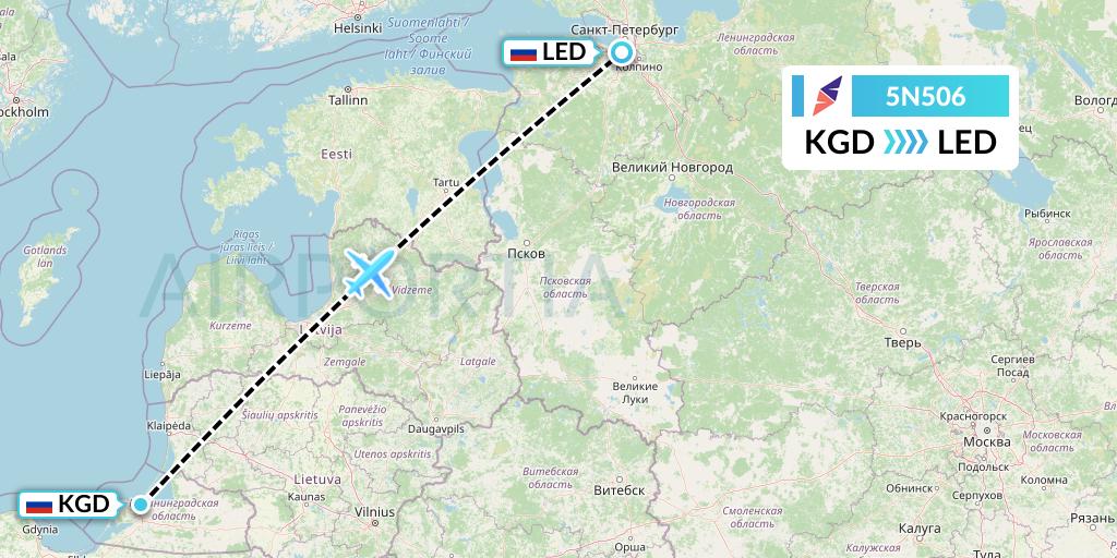 5N506 Nordavia Flight Map: Kaliningrad to St. Petersburg
