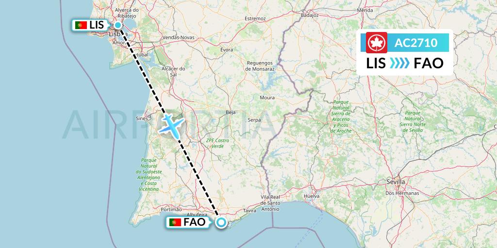 AC2710 Air Canada Flight Map: Lisbon to Faro