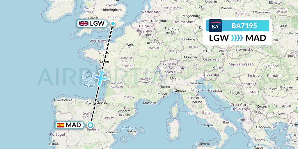 BA7195 British Airways Flight Map: London to Madrid