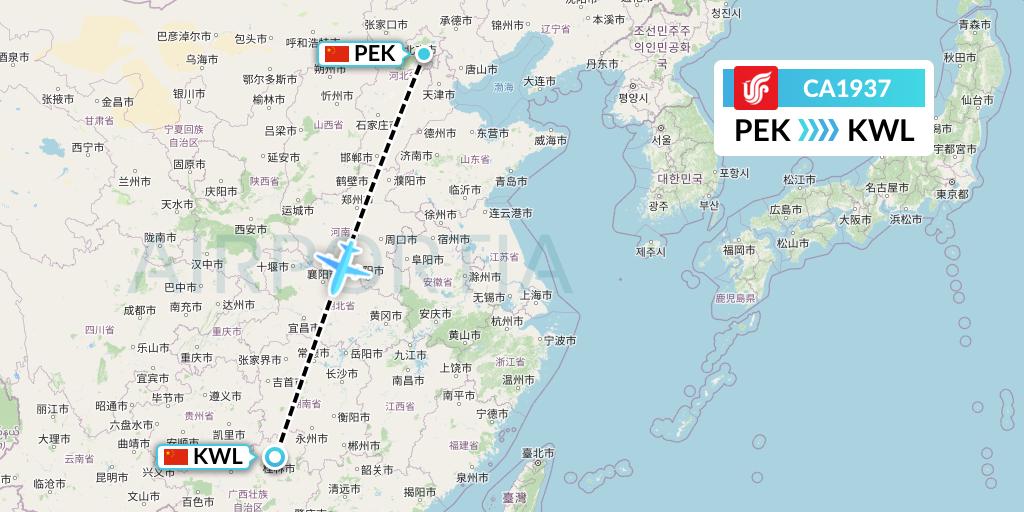 CA1937 Air China Flight Map: Beijing to Guilin