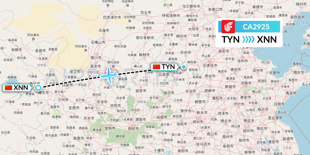 CA2925 Air China Flight Map: Taiyuan to Xining