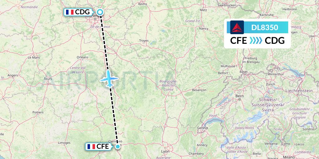 DL8350 Delta Air Lines Flight Map: Clermont-Ferrand to Paris