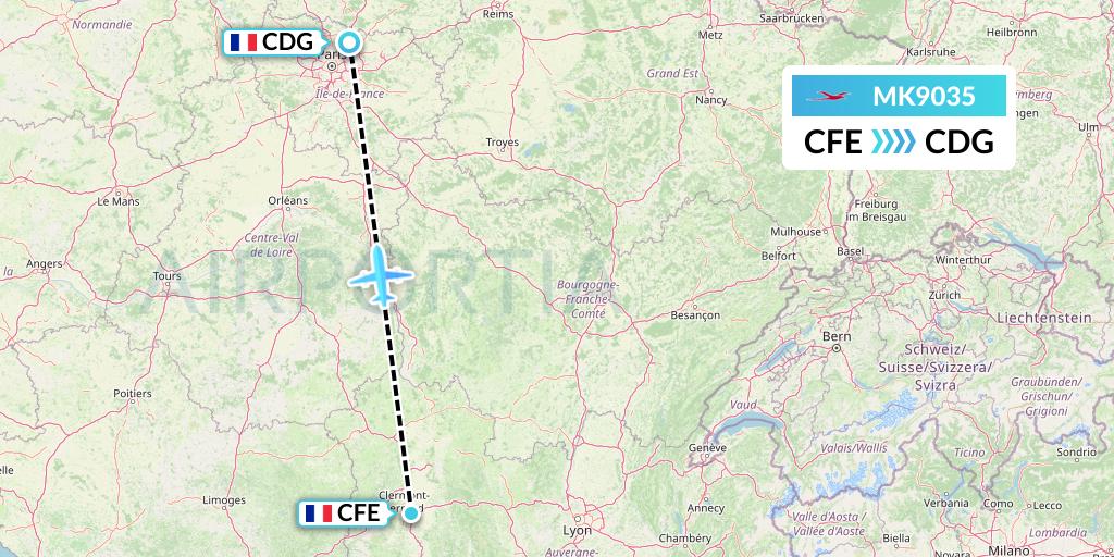 MK9035 Air Mauritius Flight Map: Clermont-Ferrand to Paris