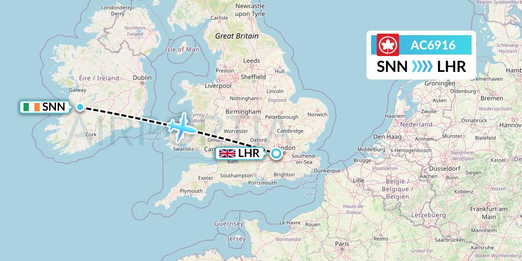 AC6916 Air Canada Flight Map: Shannon to London