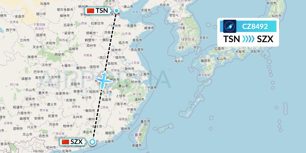 CZ8492 China Southern Airlines Flight Map: Tianjin to Shenzhen