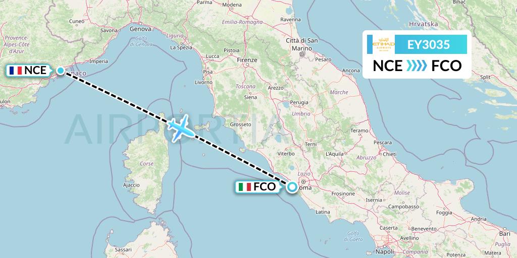 EY3035 Etihad Airways Flight Map: Nice to Rome