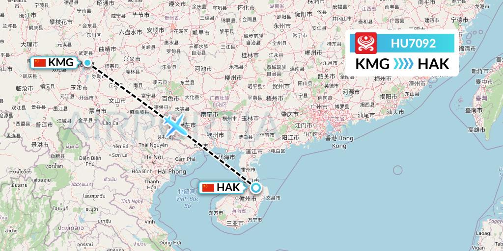 HU7092 Hainan Airlines Flight Map: Kunming to Haikou