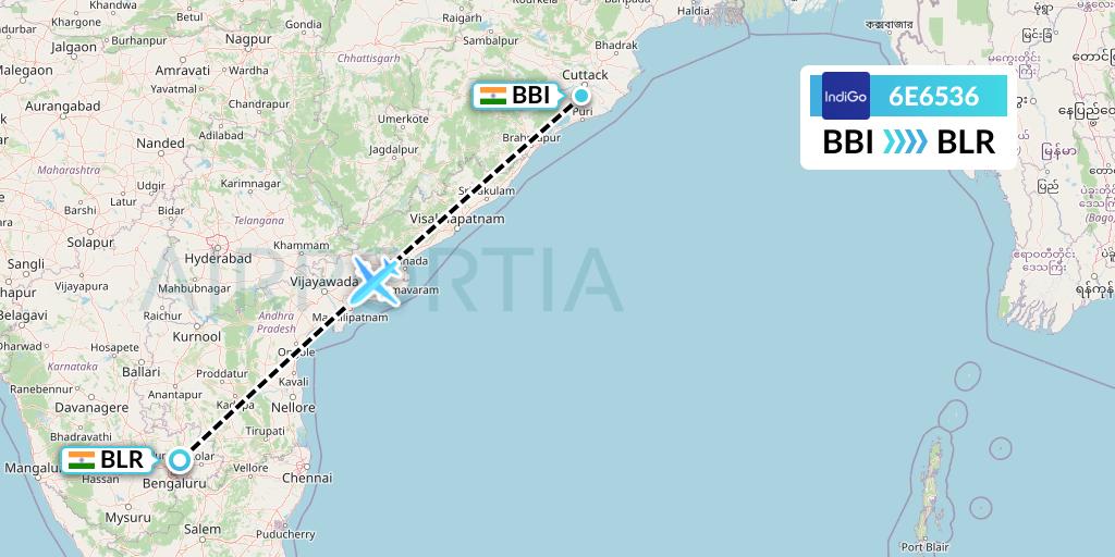 6E6536 IndiGo Airlines Flight Map: Bhubaneswar to Bangalore