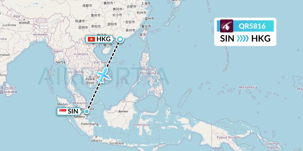 QR5816 Qatar Airways Flight Map: Singapore to Hong Kong