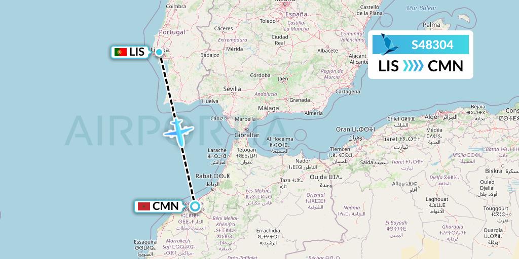 S48304 Azores Airlines Flight Map: Lisbon to Casablanca