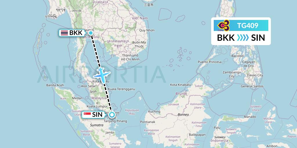 TG409 Thai Airways Flight Map: Bangkok to Singapore