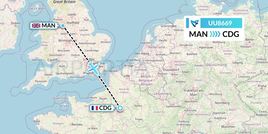 UU8669 Air Austral Flight Map: Manchester to Paris