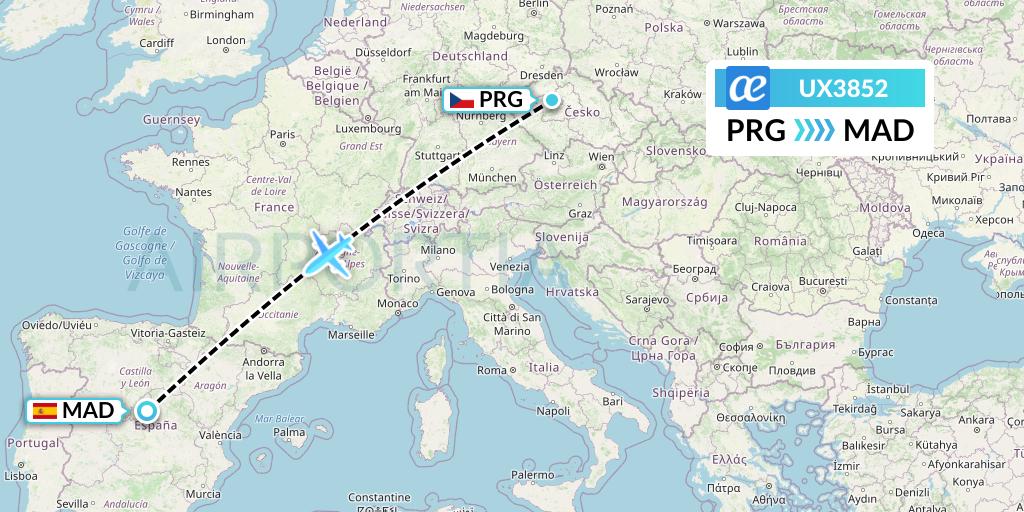 UX3852 Air Europa Flight Map: Prague to Madrid