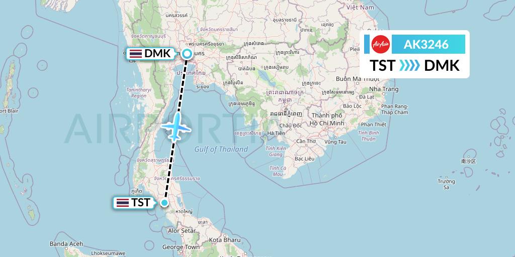 AK3246 AirAsia Flight Map: Trang to Bangkok