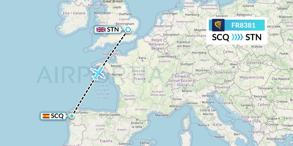 FR8381 Ryanair Flight Map: Santiago to London