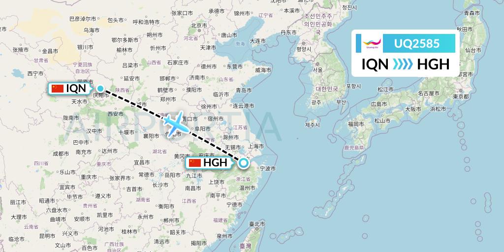 UQ2585 Urumqi Airlines Flight Map: Qingyang to Hangzhou