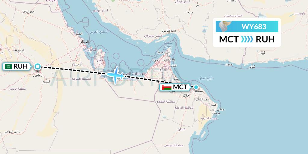 WY683 Oman Air Flight Map: Muscat to Riyadh