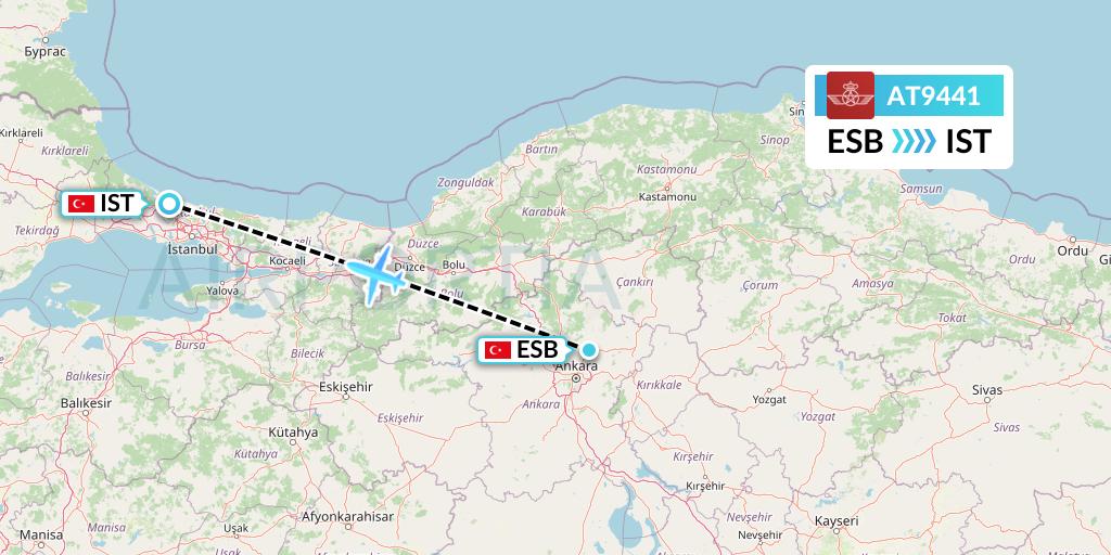 AT9441 Royal Air Maroc Flight Map: Ankara to Istanbul
